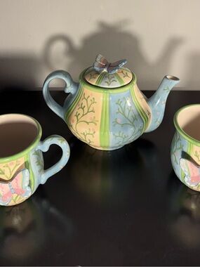 Hand-Painted Pastel Butterfly Teapot and Mugs Set